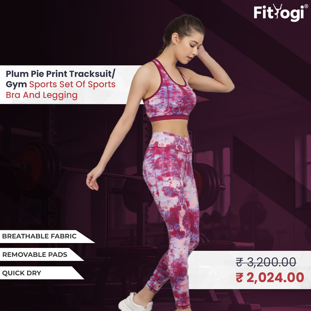 Plum Pie Print Tracksuit/Gym Sports Set Of Sports Bra And Legging