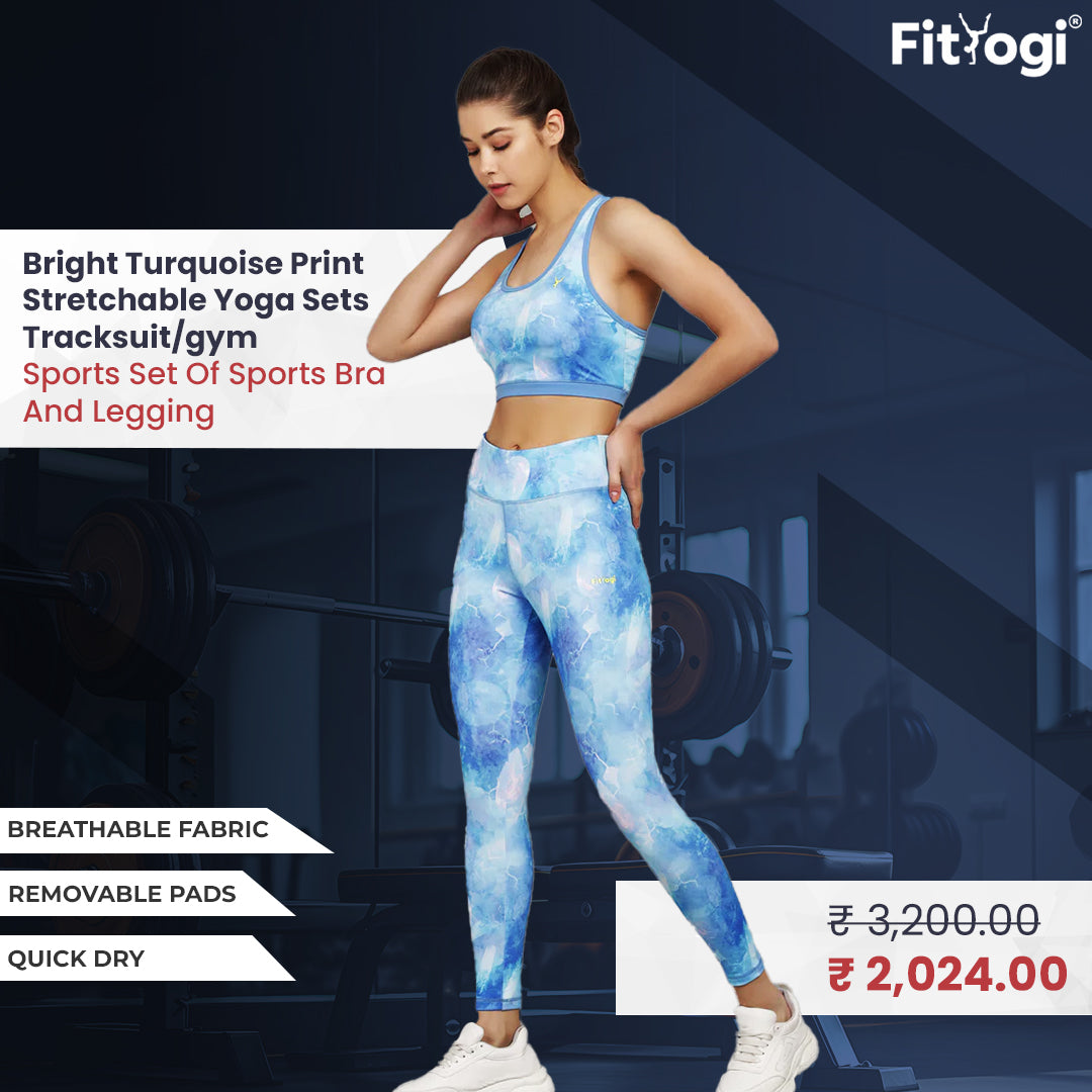 Bright Turquoise Print Stretchable Yoga Sets Tracksuit/Gym Sports Set Of Sports Bra And Legging